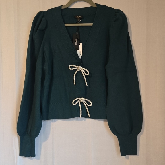 Express Sweaters - Express Dark Green Rhinestone Bow Cardigan Size Large NWT